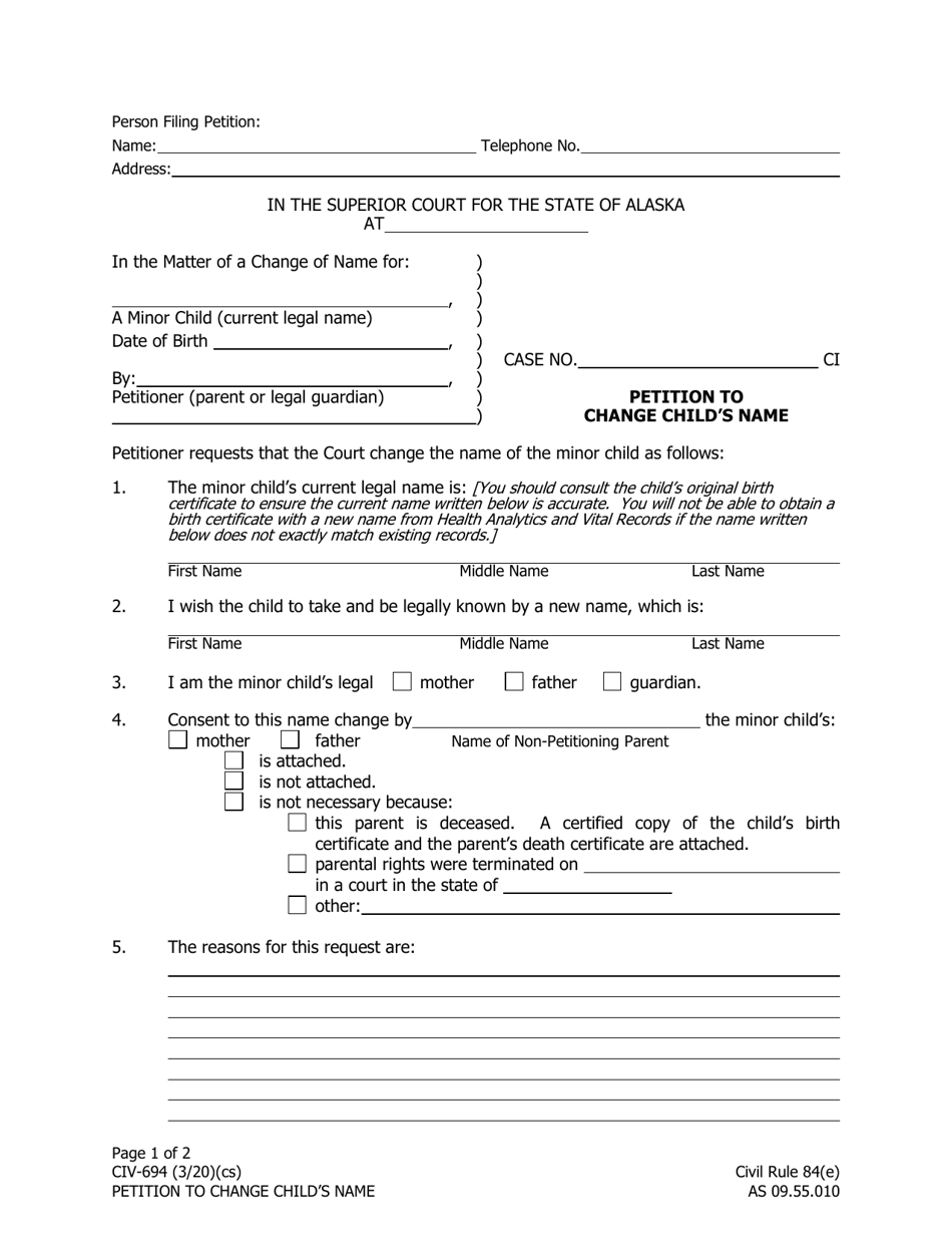 Form CIV-694 Petition to Change Childs Name - Alaska, Page 1