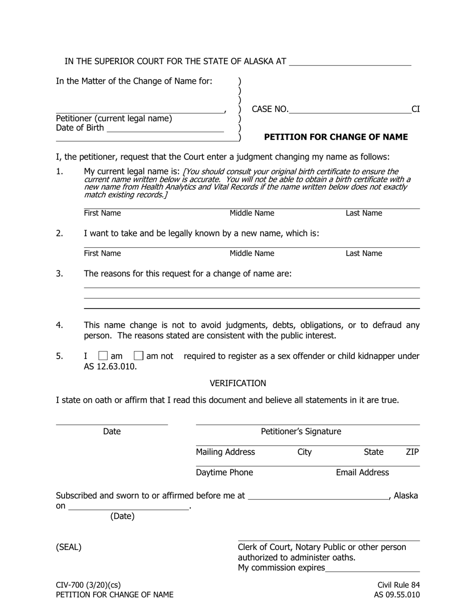 Form CIV-700 Petition for Change of Name - Alaska, Page 1