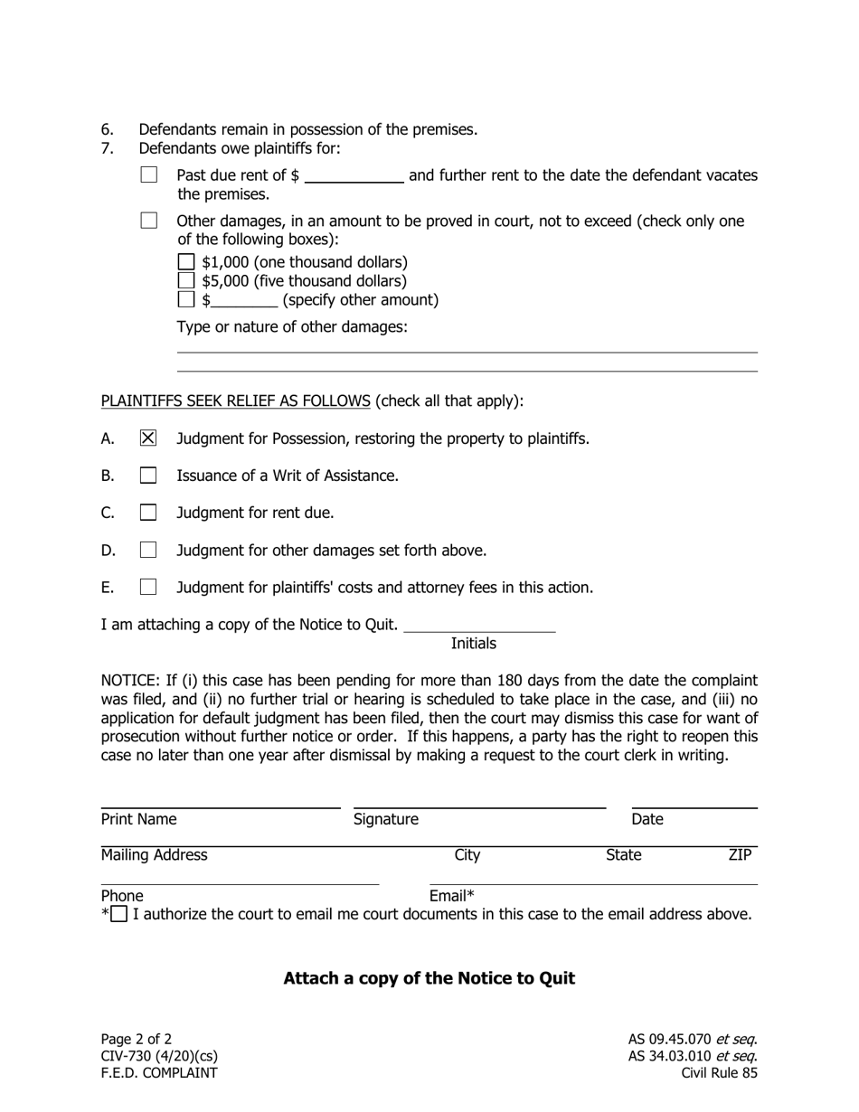 Form CIV-730 Complaint for Forcible Entry and Detainer (Seeking Eviction: May Include Rent and / or Damages) - Alaska, Page 2