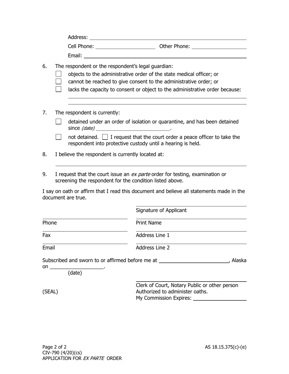 Form CIV-790 Application for Ex Parte Order for Testing, Examination, or Screening - Alaska, Page 2