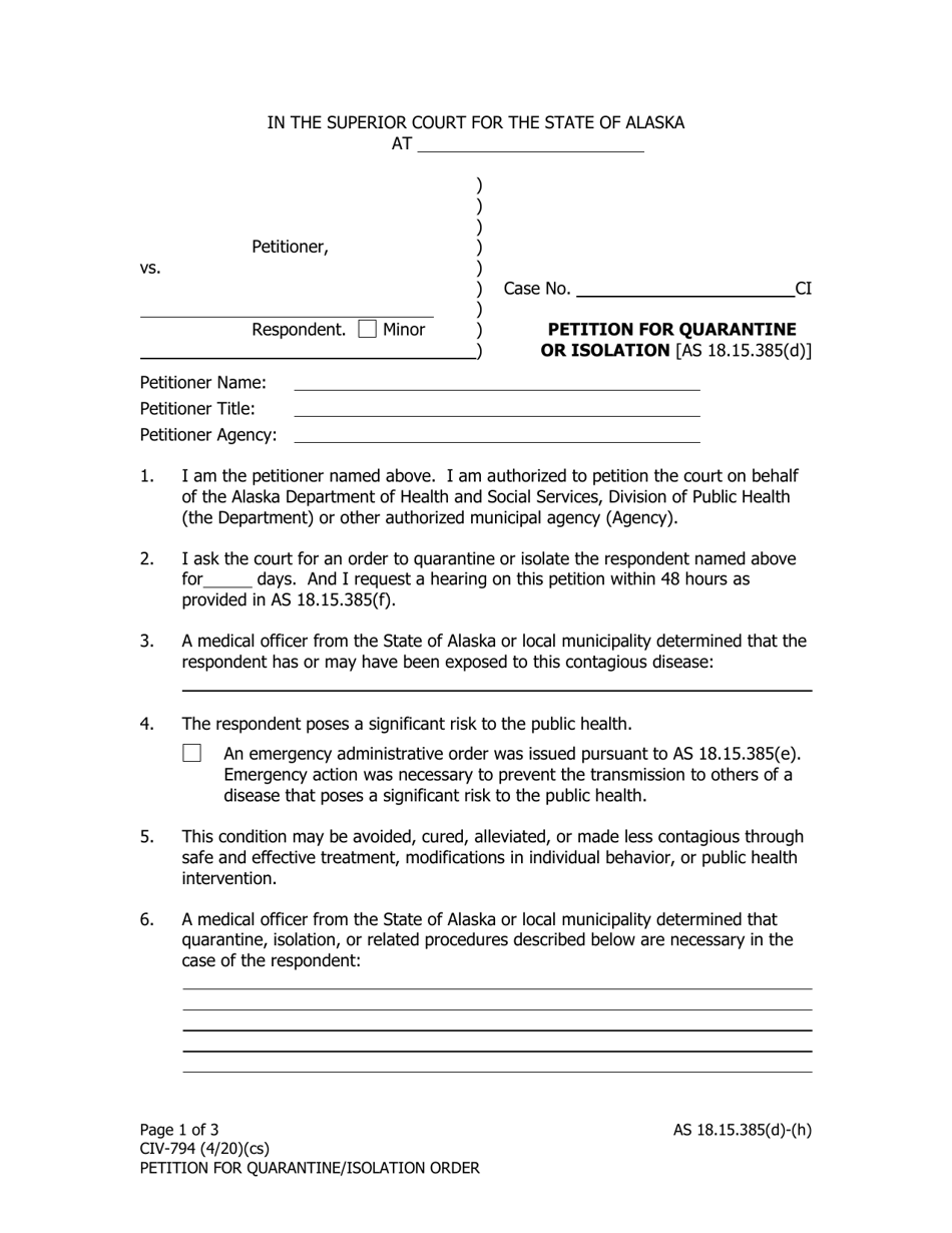 Form CIV-794 Petition for Quarantine or Isolation - Alaska, Page 1