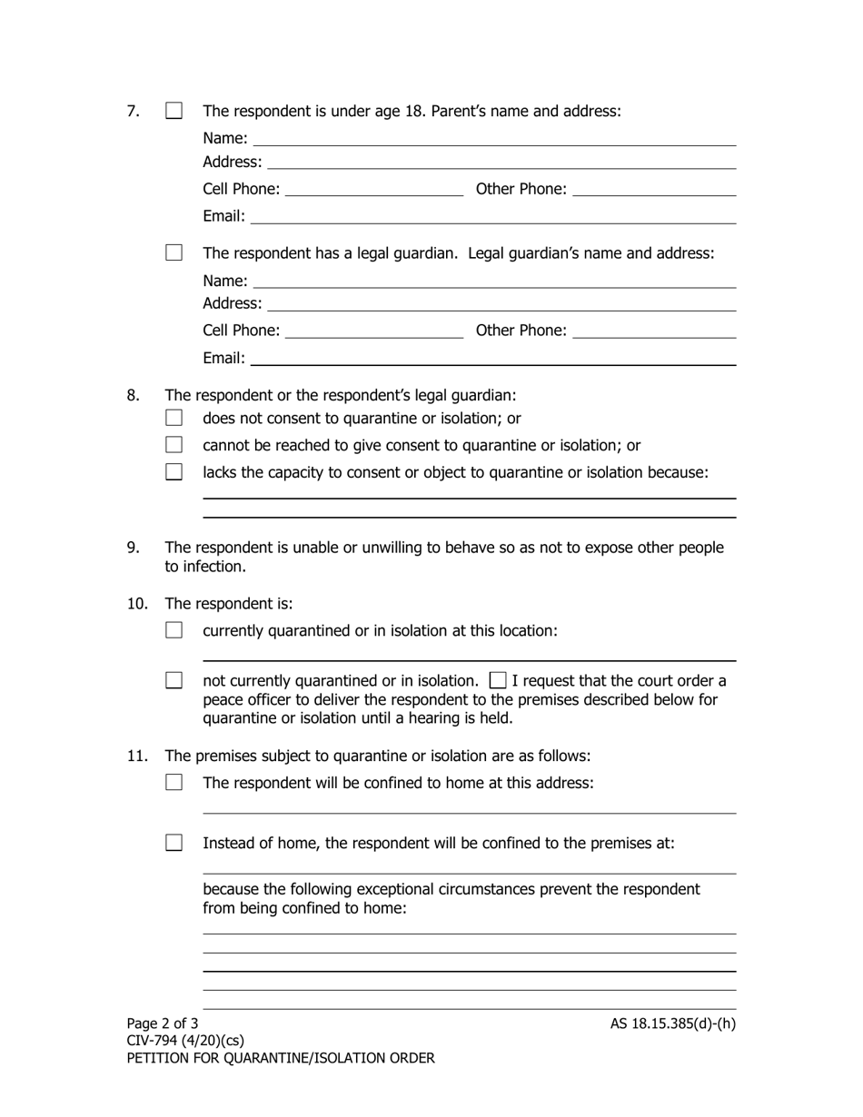 Form CIV-794 Petition for Quarantine or Isolation - Alaska, Page 2