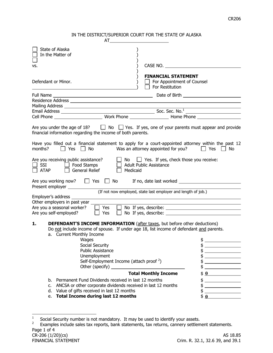 Form CR-206 Financial Statement - Alaska, Page 1