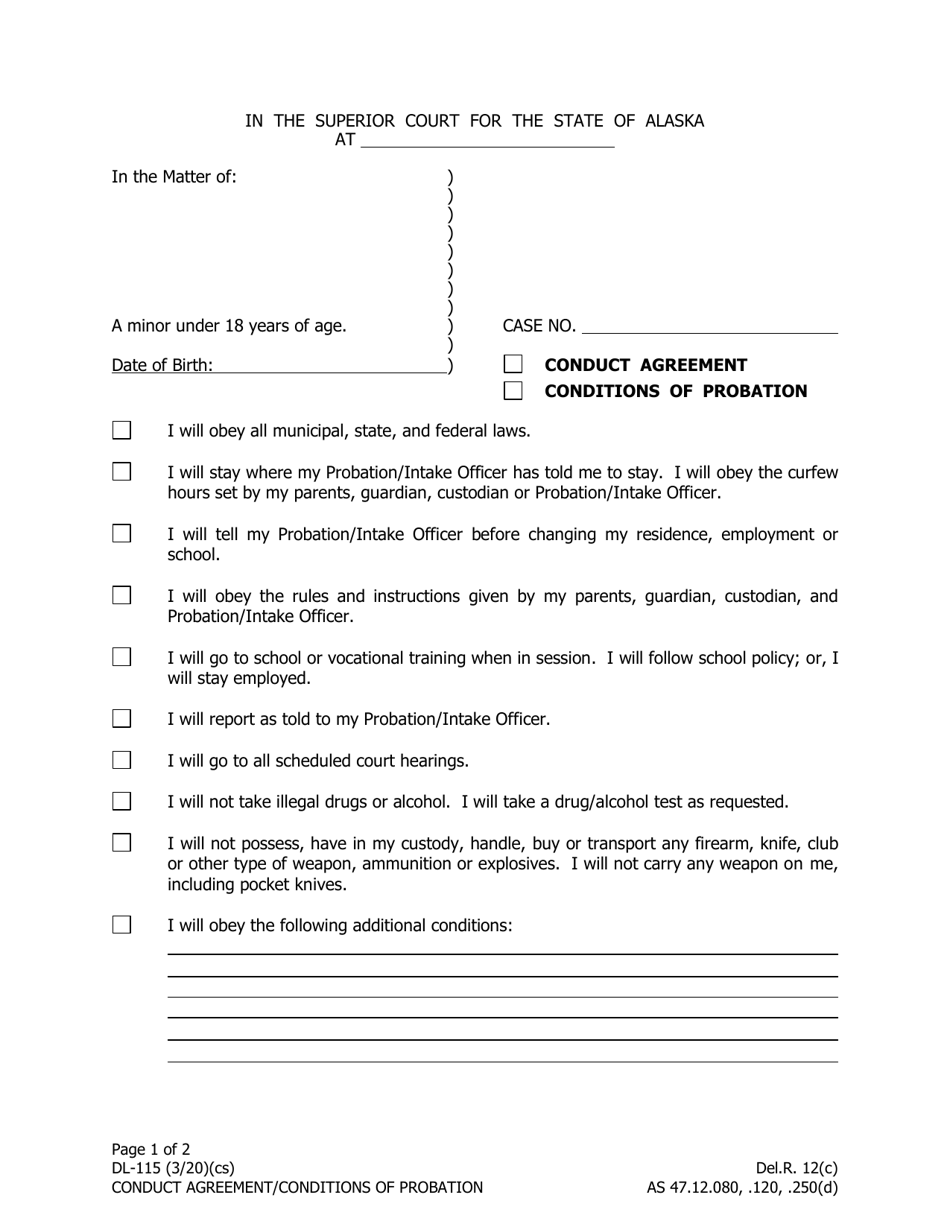 Form DL-115 Conduct Agreement / Conditions of Probation - Alaska, Page 1