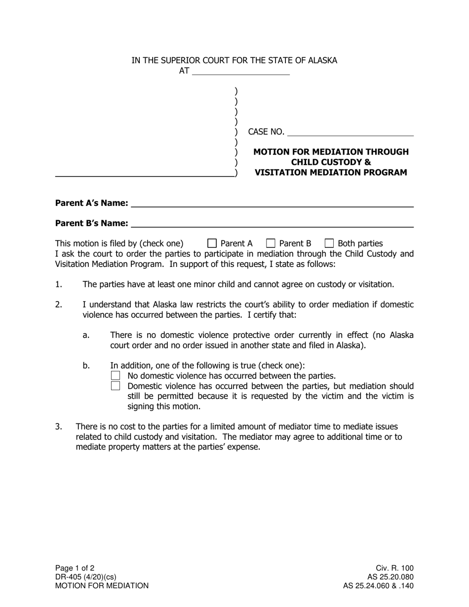 Form DR-405 Motion for Mediation Through Child Custody  Visitation Mediation Program - Alaska, Page 1