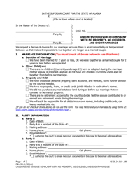 Document preview: Form DR-820 Uncontested Divorce Complaint With No Property, No Children, and Short Marriage - Alaska