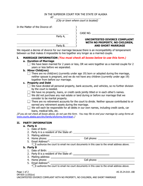 Form DR-820 Uncontested Divorce Complaint With No Property, No Children, and Short Marriage - Alaska