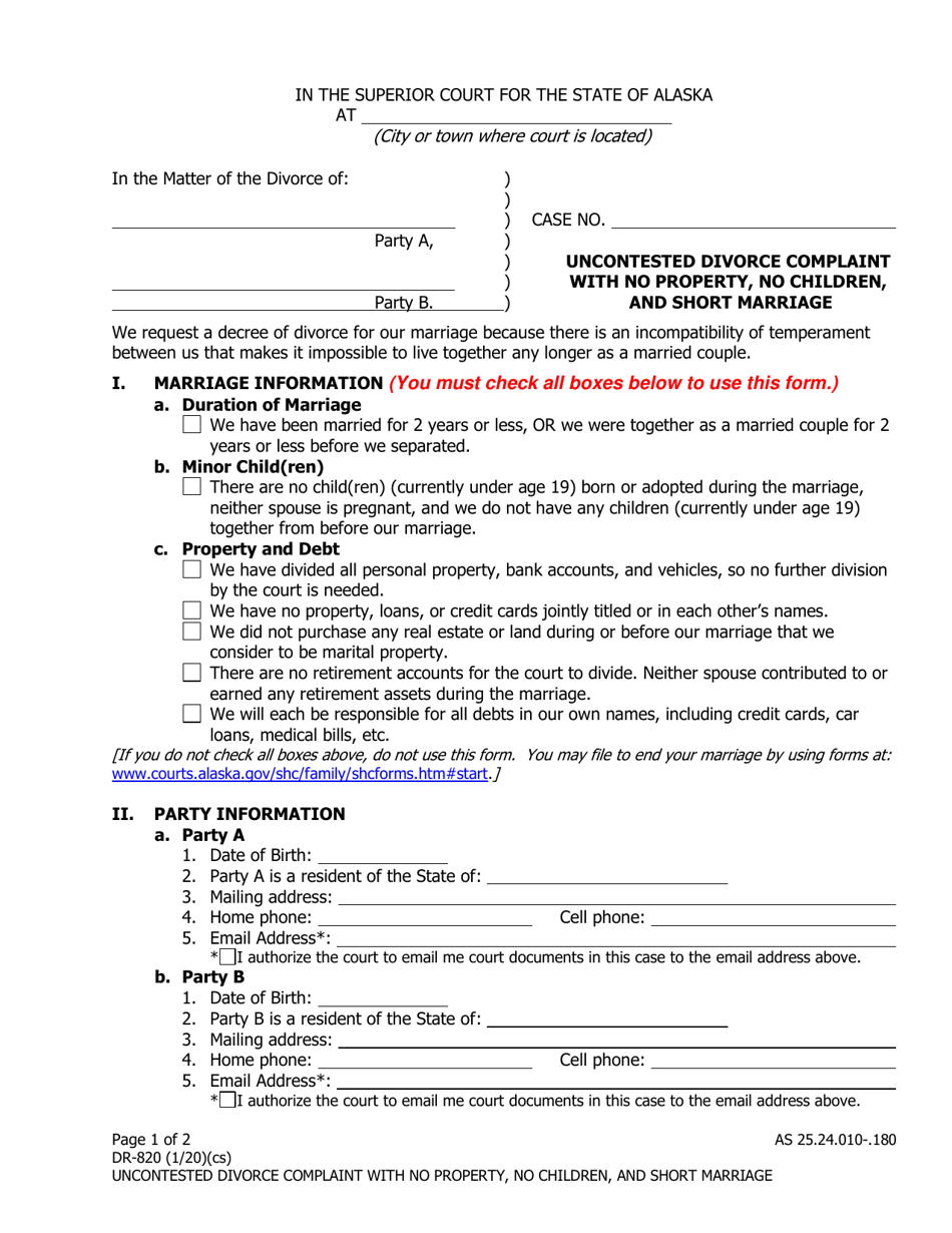 Form DR-820 Uncontested Divorce Complaint With No Property, No Children, and Short Marriage - Alaska, Page 1