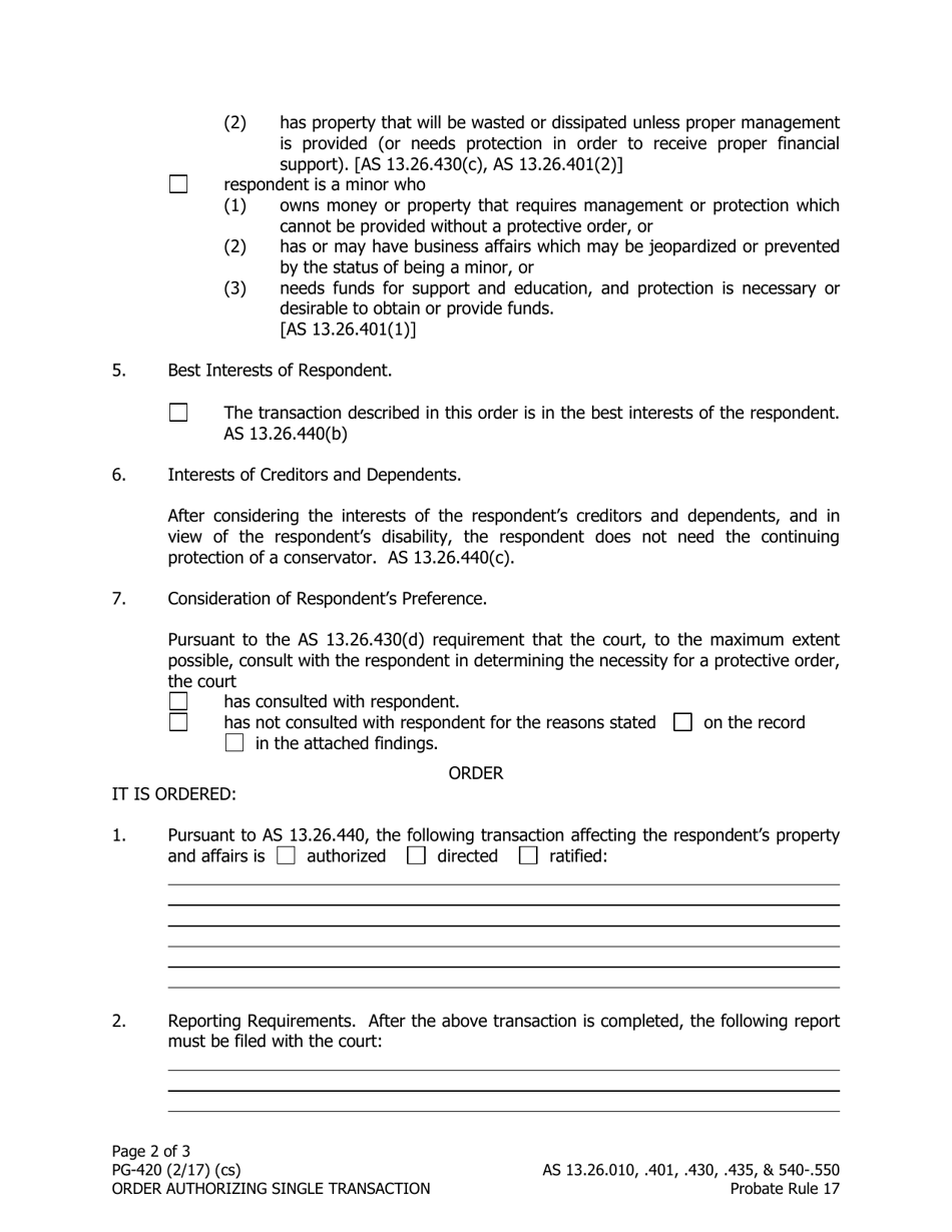 Form PG-420 Order Authorizing Single Transaction Under as 13.26.440 - Alaska, Page 2