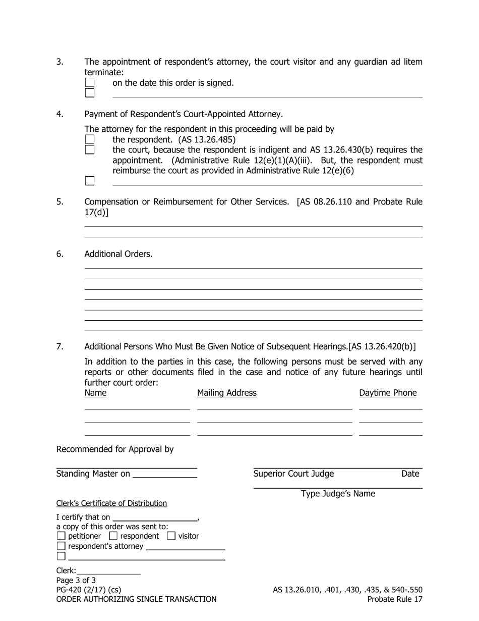 Form PG-420 Order Authorizing Single Transaction Under as 13.26.440 - Alaska, Page 3