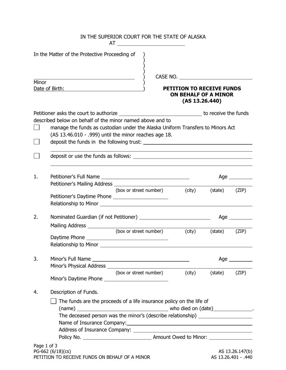 Form PG-662 Petition to Receive Funds on Behalf of a Minor - Alaska, Page 1