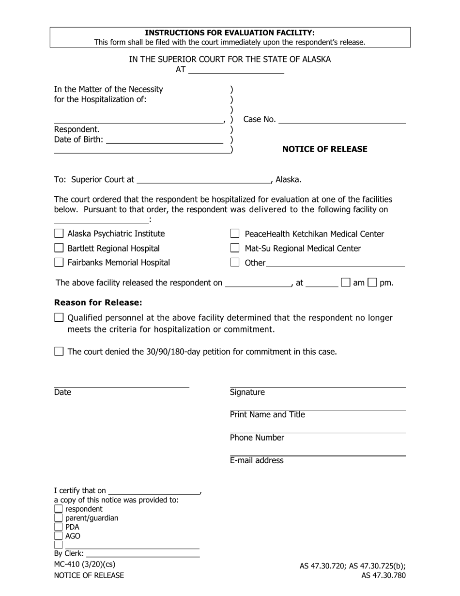 Form MC-410 Notice of Release - Alaska, Page 1