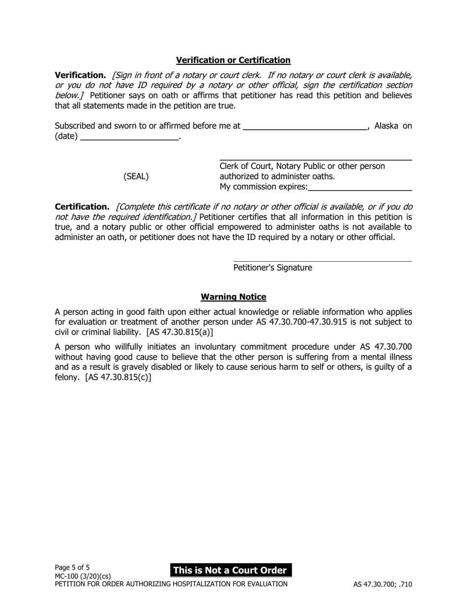 Form MC-100 Petition for Order Authorizing Hospitalization for Evaluation - Alaska, Page 5