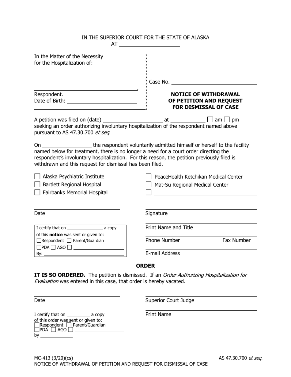 Form MC-413 Notice of Withdrawal of Petition and Request for Dismissal of Case - Alaska, Page 1