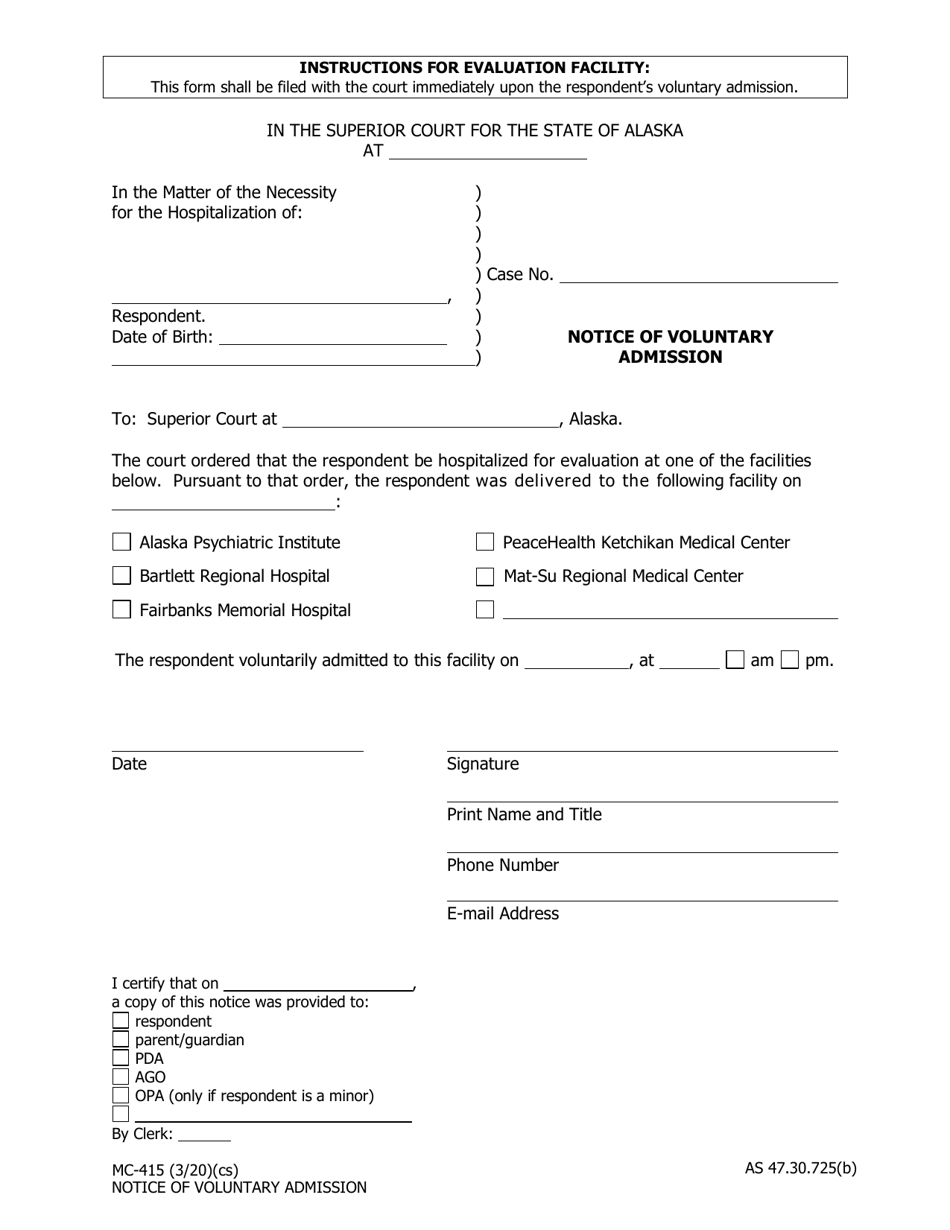 Form MC-415 Notice of Voluntary Admission - Alaska, Page 1