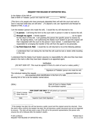 Document preview: Form P-105 Request for Release of Deposited Will - Alaska