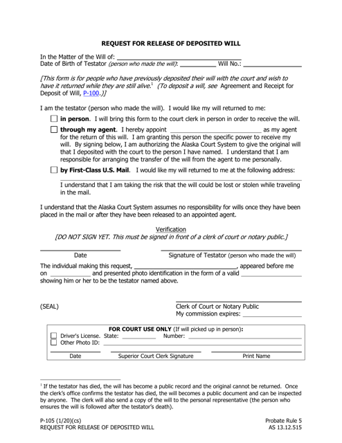 Form P-105 Request for Release of Deposited Will - Alaska