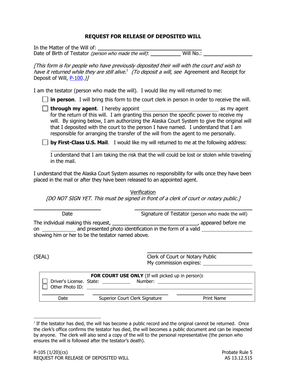 Form P-105 Request for Release of Deposited Will - Alaska, Page 1