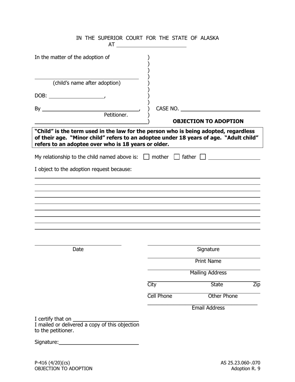 Form P 416 Download Fillable Pdf Or Fill Online Objection To Adoption Alaska Templateroller