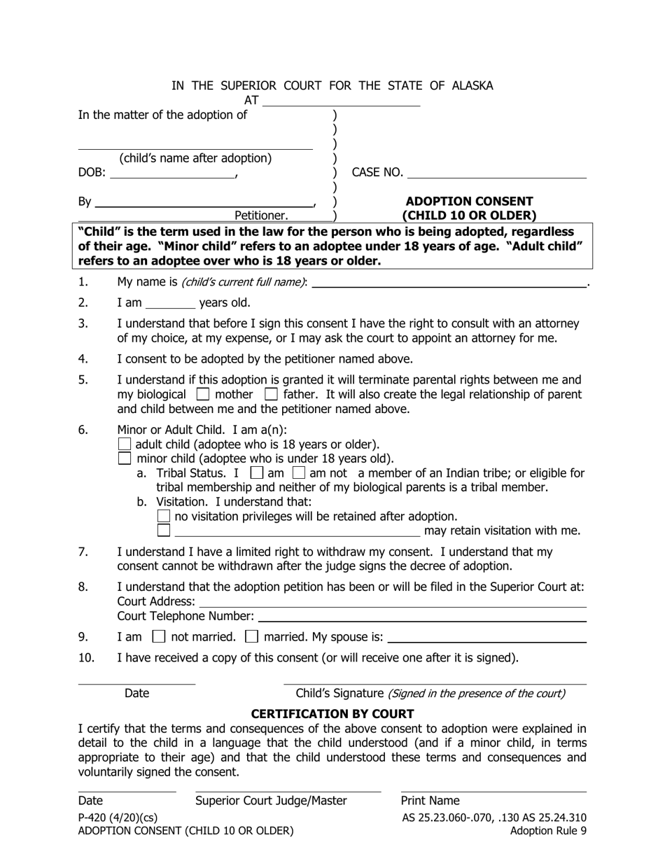 Form P-420 Adoption Consent (Child 10 or Older) - Alaska, Page 1
