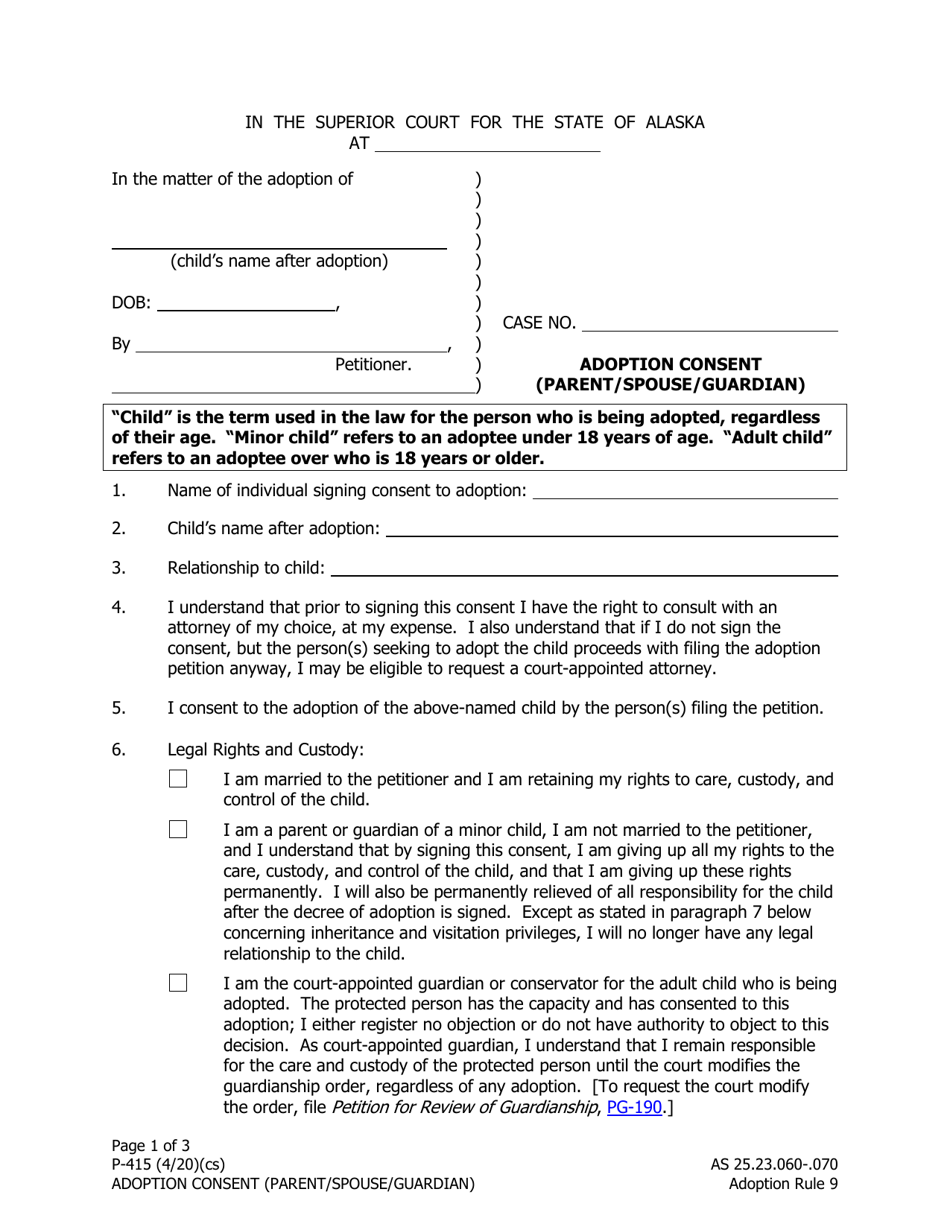 Form P-415 Adoption Consent (Parent / Spouse / Guardian) - Alaska, Page 1