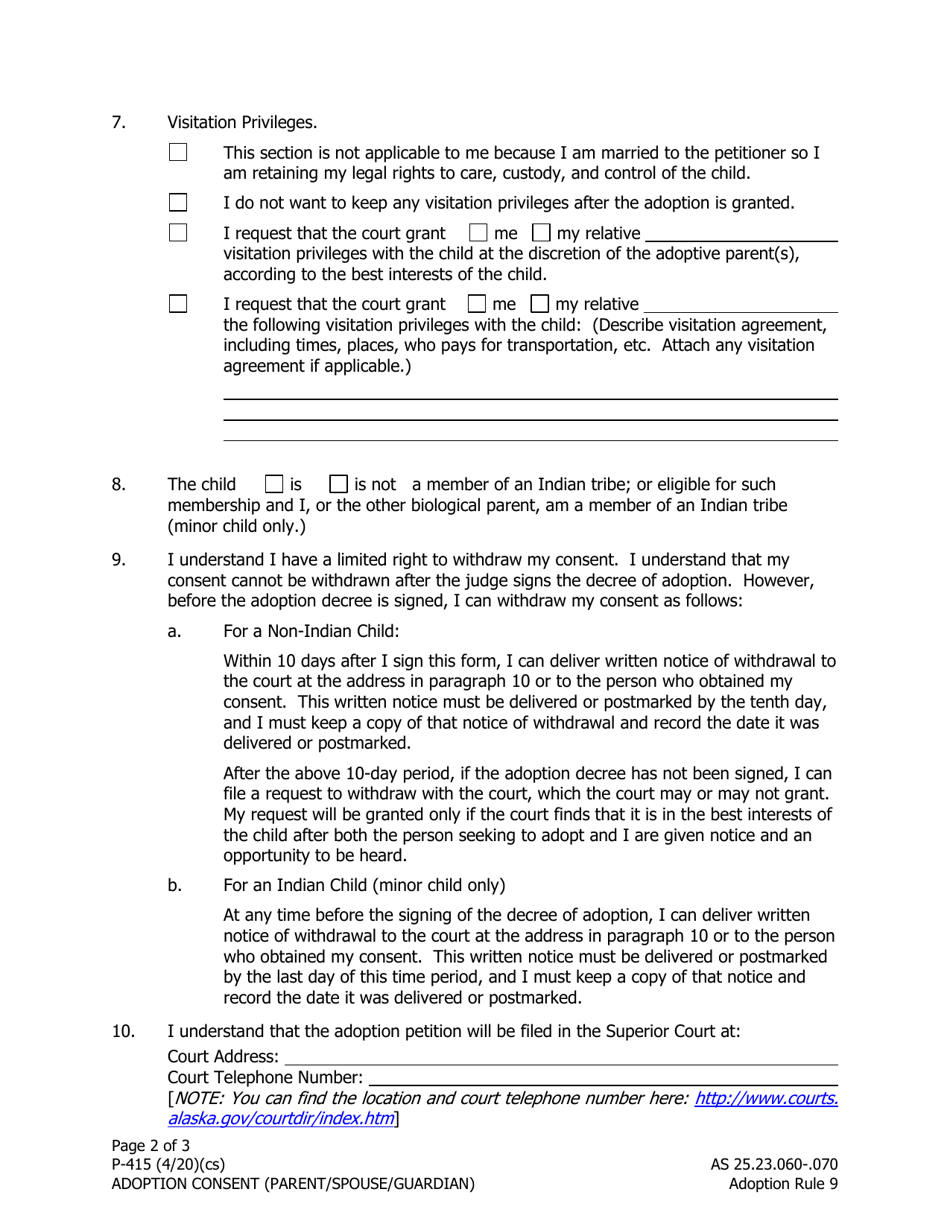 Form P-415 Adoption Consent (Parent / Spouse / Guardian) - Alaska, Page 2