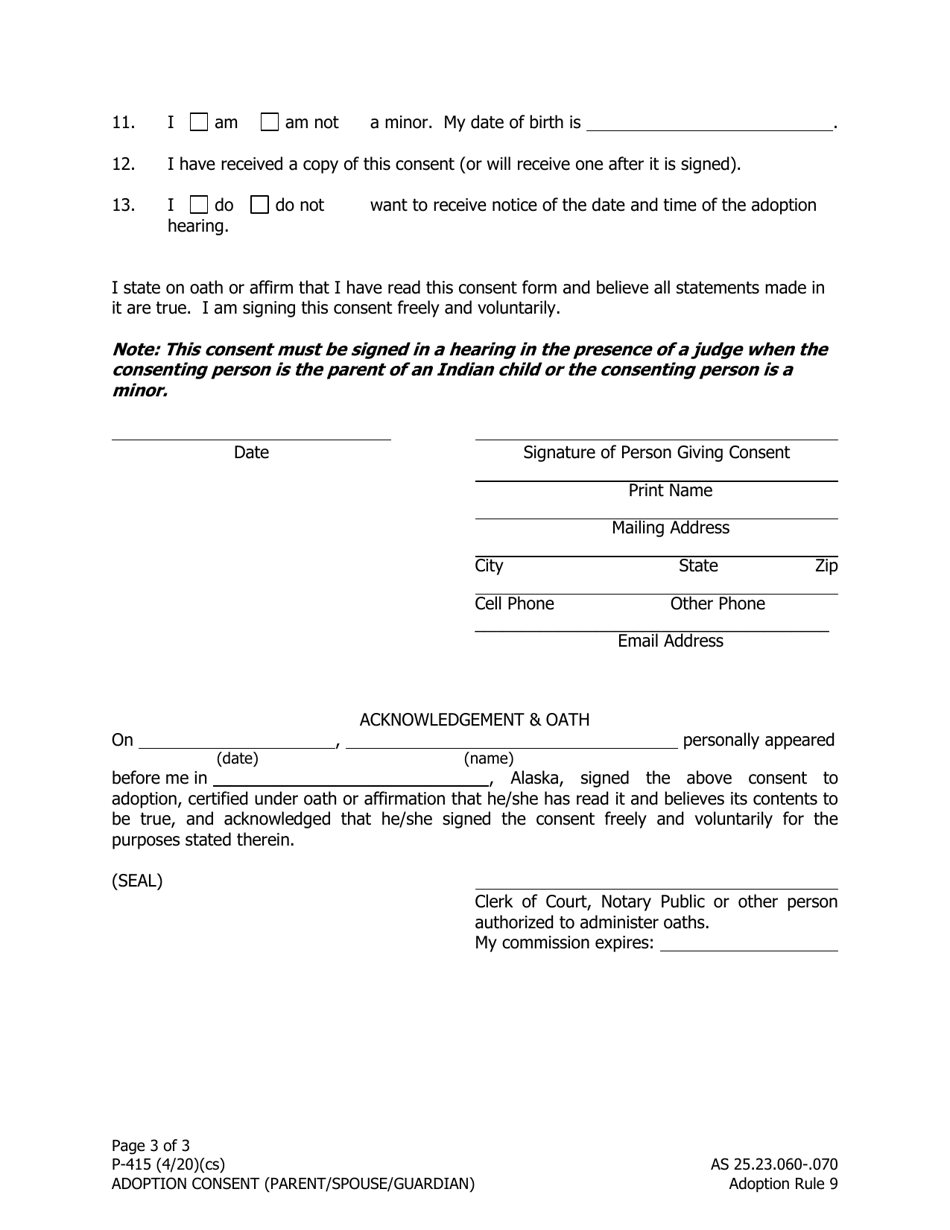 Form P-415 Adoption Consent (Parent / Spouse / Guardian) - Alaska, Page 3