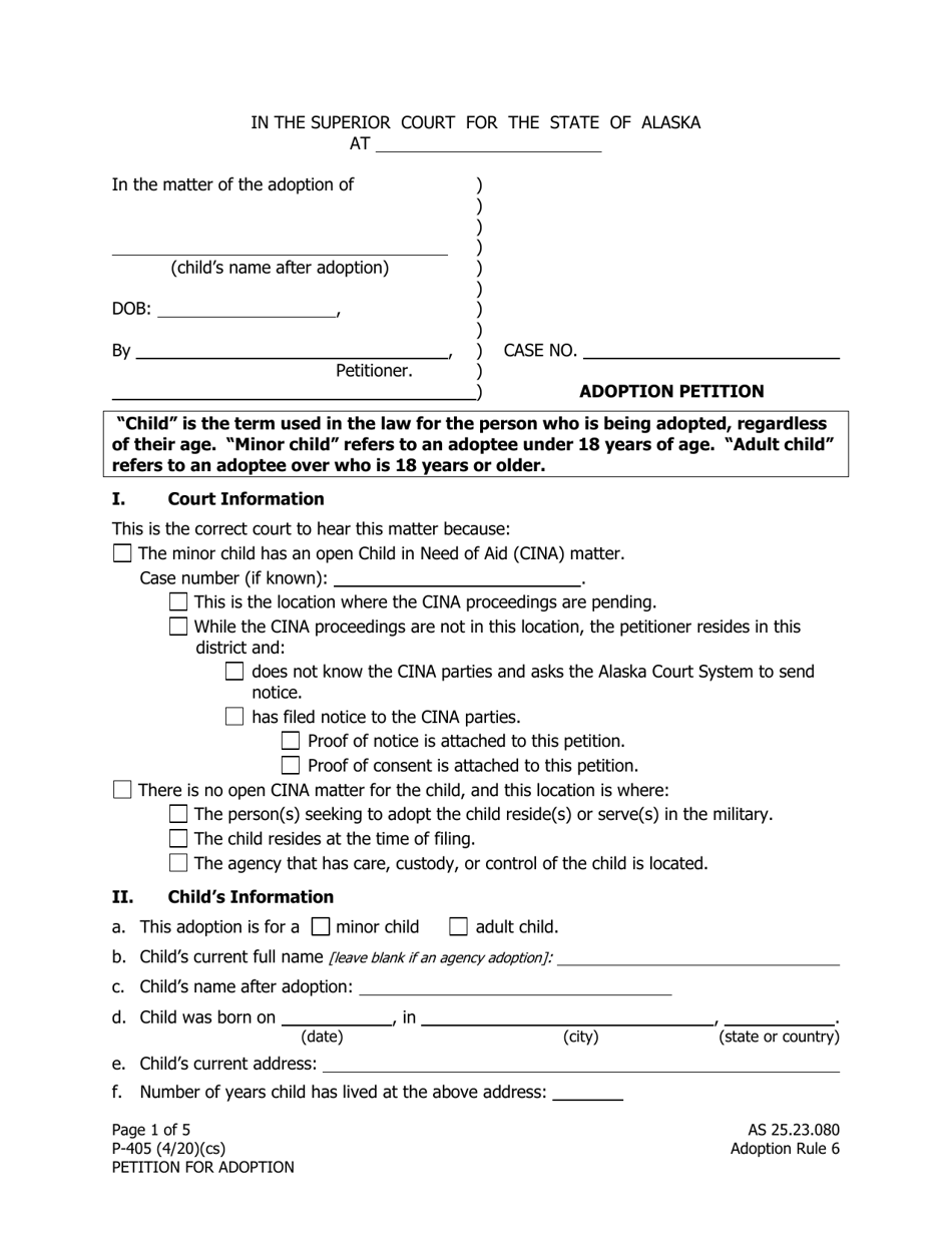 Form P-405 Adoption Petition - Alaska, Page 1