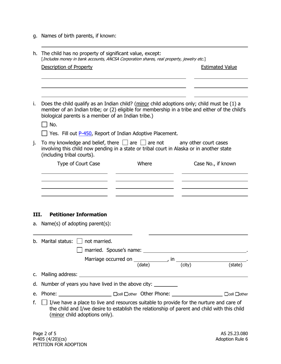 Form P-405 Adoption Petition - Alaska, Page 2