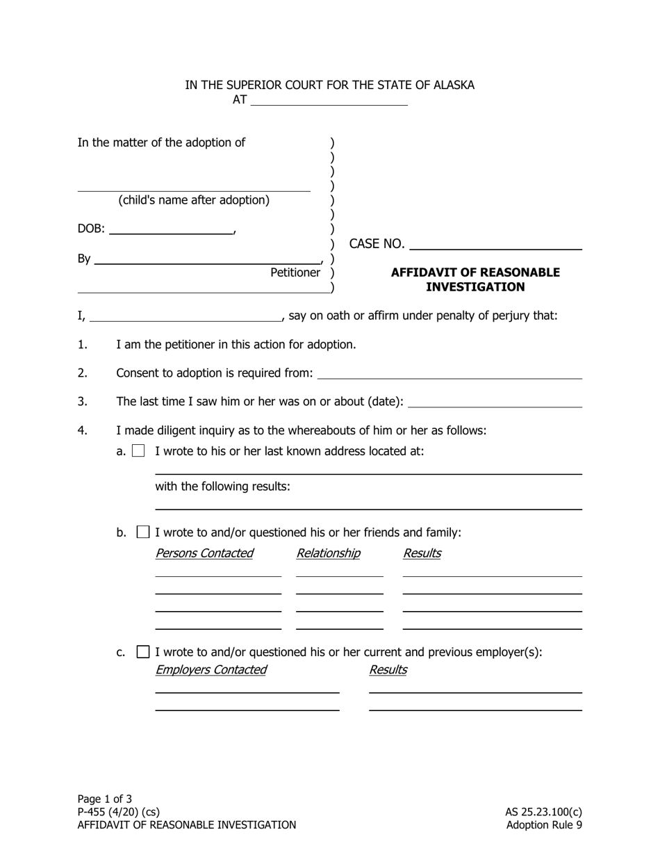 Form P-455 Affidavit of Reasonable Investigation - Alaska, Page 1
