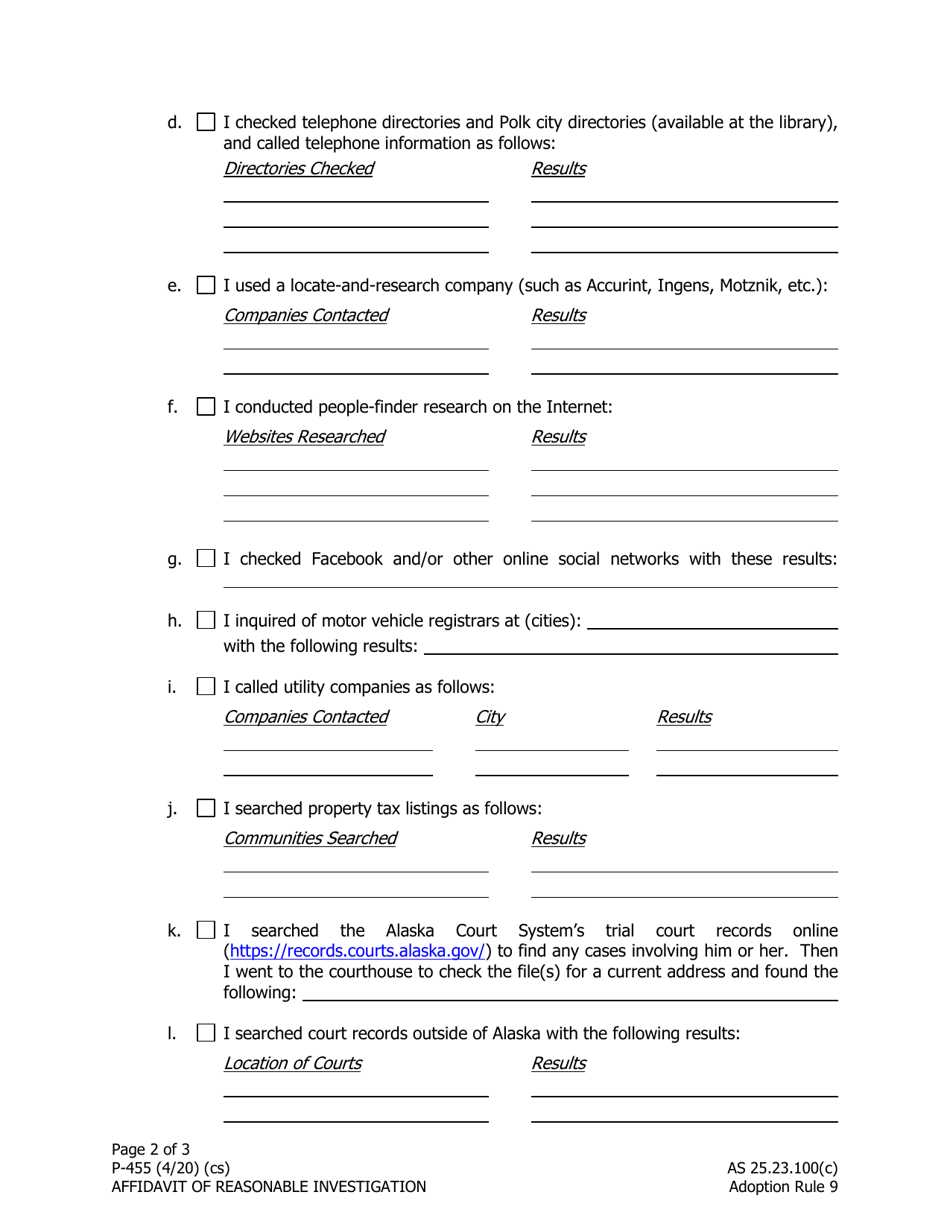 Form P-455 Affidavit of Reasonable Investigation - Alaska, Page 2