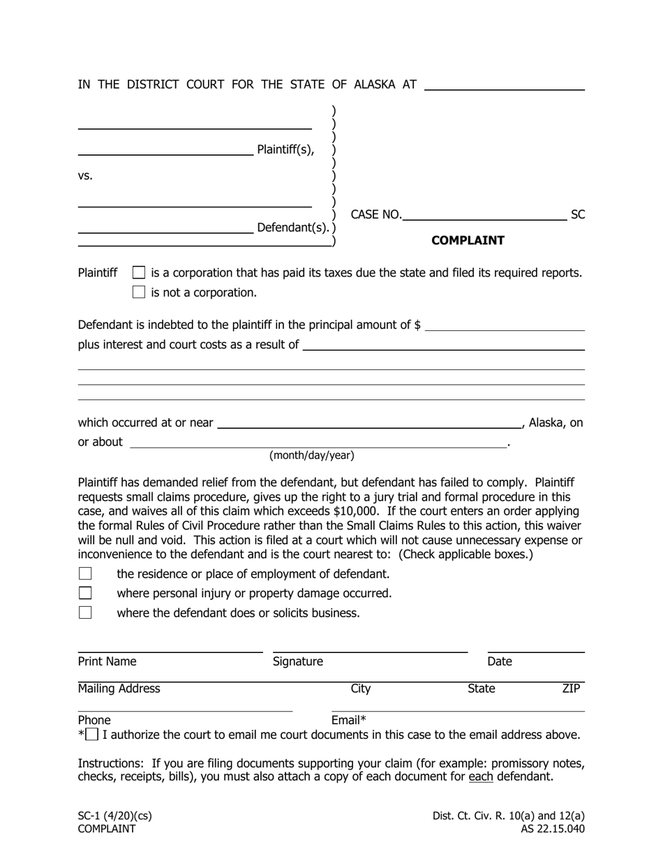 Form SC-1 Download Fillable PDF or Fill Online Complaint Alaska ...