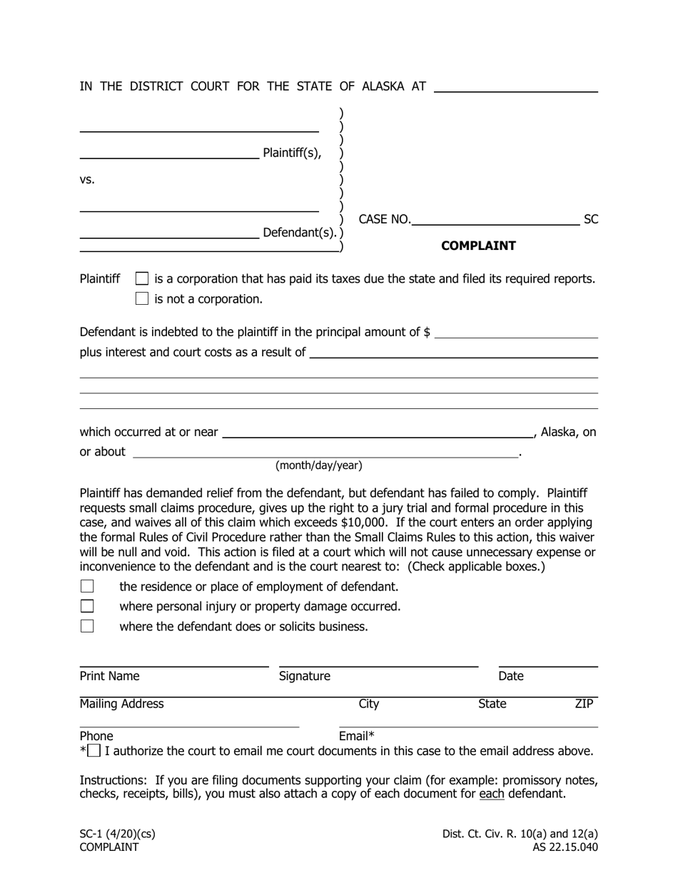 Form SC-1 Complaint - Alaska, Page 1