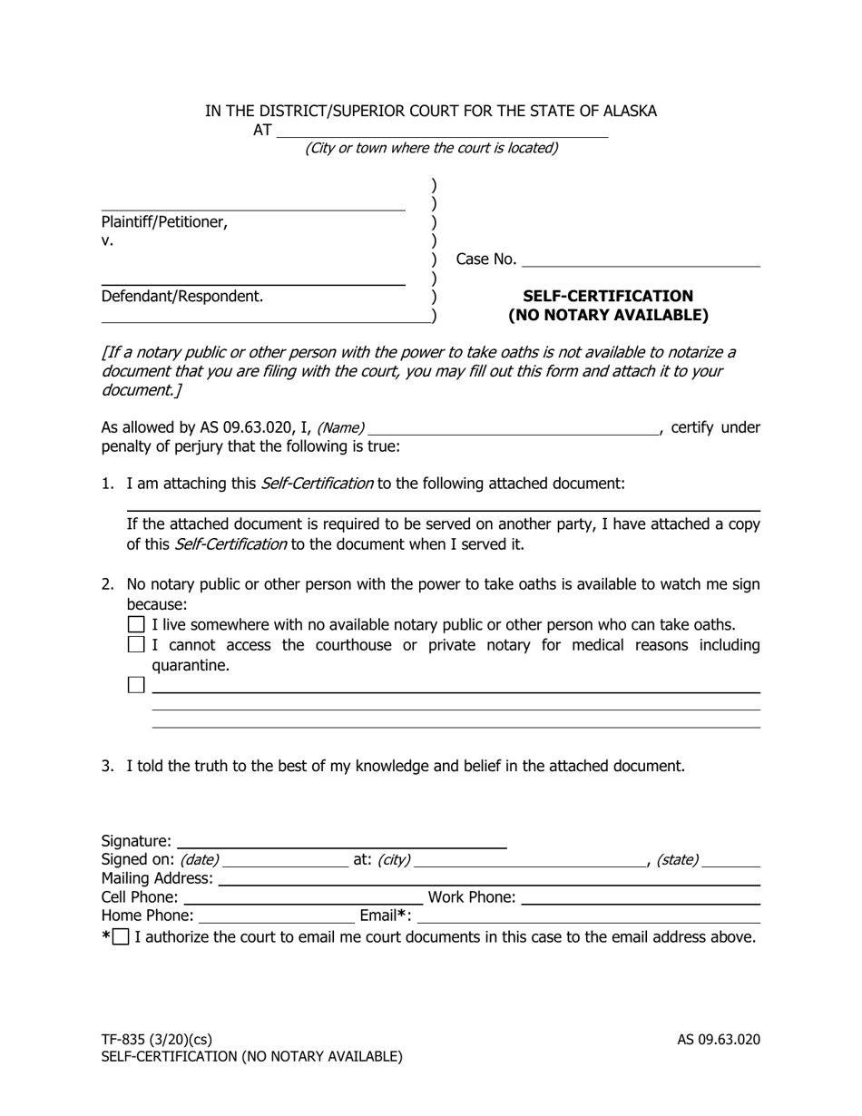 Form TF-835 Self-certification (No Notary Available) - Alaska, Page 1