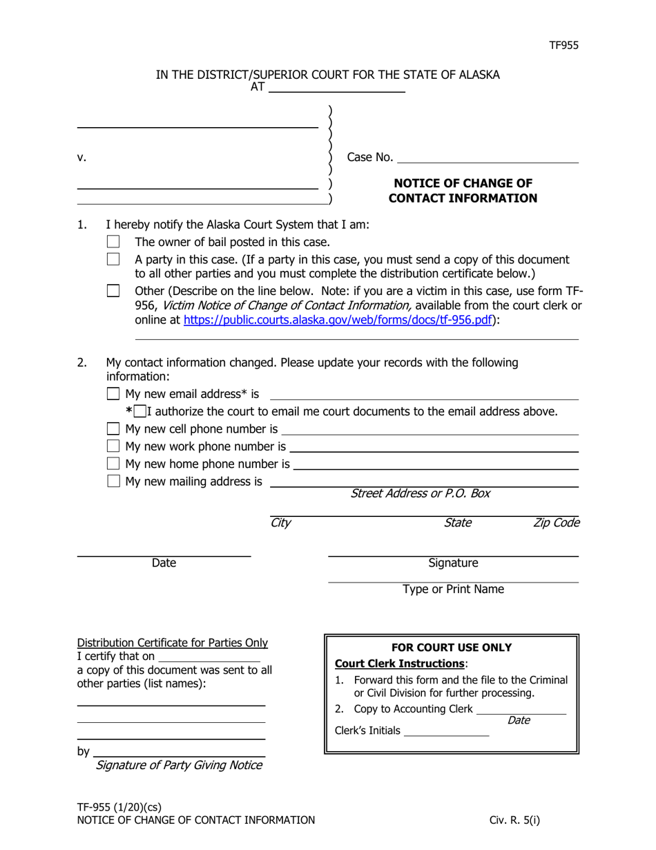 Form TF-955 Notice of Change of Contact Information - Alaska, Page 1