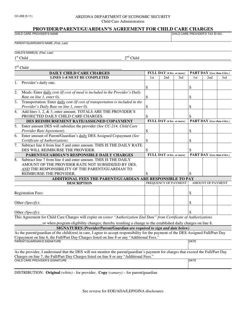 Form CC-208 Provider / Parent / Guardians Agreement for Child Care Charges - Arizona, Page 1