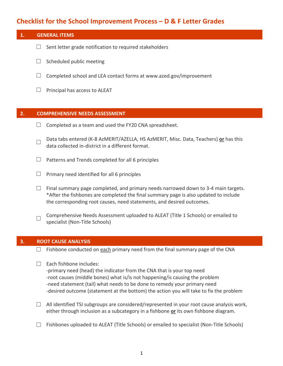Checklist for the School Improvement Process - D  F Letter Grades - Arizona, Page 1