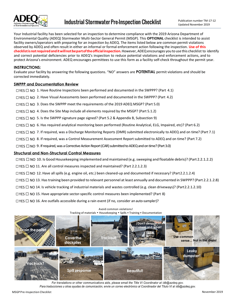 Industrial Stormwater Pre-inspection Checklist - Arizona, Page 1