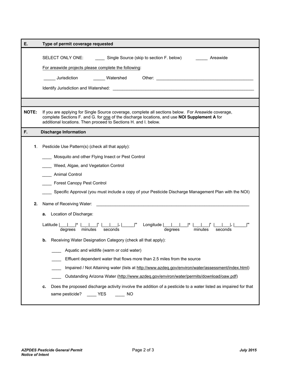 Notice of Intent (Noi) for Pesticide Discharges to Waters of the U.S. Under the AZPDES Pesticide General Permit Azg2011-001 - Arizona, Page 2