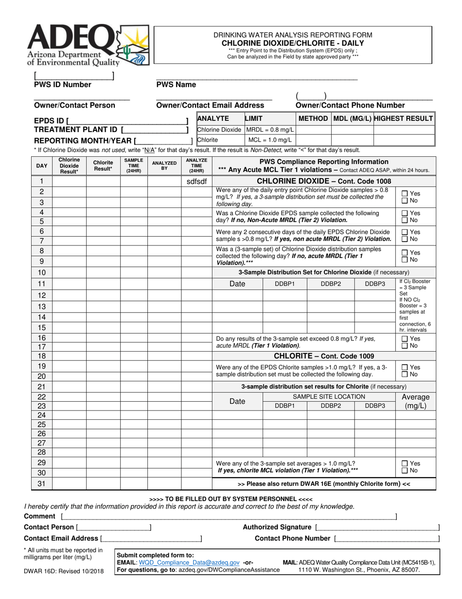 Form DWAR16D Drinking Water Analysis Reporting Form - Chlorine Dioxide / Chlorite - Daily - Arizona, Page 1