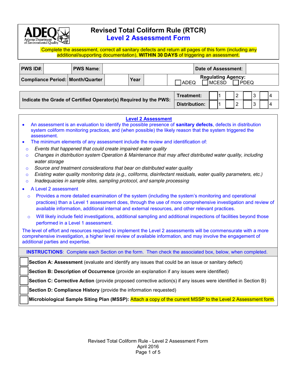 Revised Total Coliform Rule (Rtcr) Level 2 Assessment Form - Arizona, Page 1