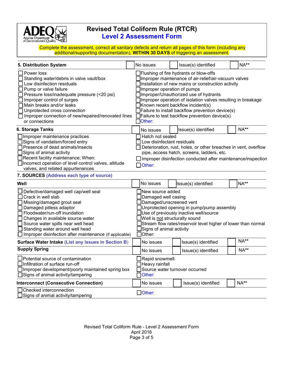 Revised Total Coliform Rule (Rtcr) Level 2 Assessment Form - Arizona, Page 3
