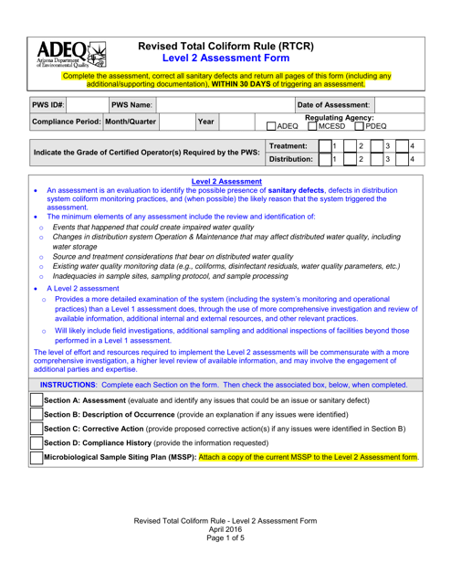 Revised Total Coliform Rule (Rtcr) Level 2 Assessment Form - Arizona Download Pdf