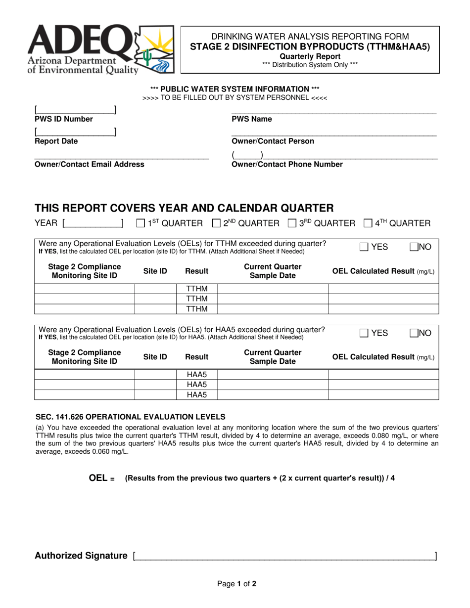 Form DWAR33A Drinking Water Analysis Reporting Form - Stage 2 Disinfection Byproducts (Tthmhaa5) Abbreviated Quarterly Report - Arizona, Page 1