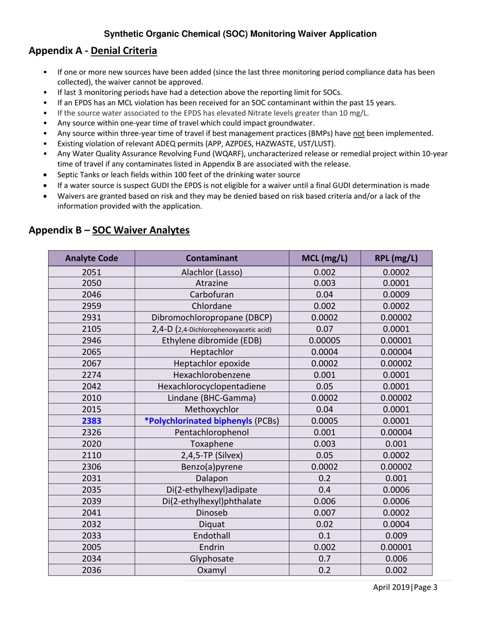 Synthetic Organic Chemical (Soc) Monitoring Waiver Application - Arizona, Page 3