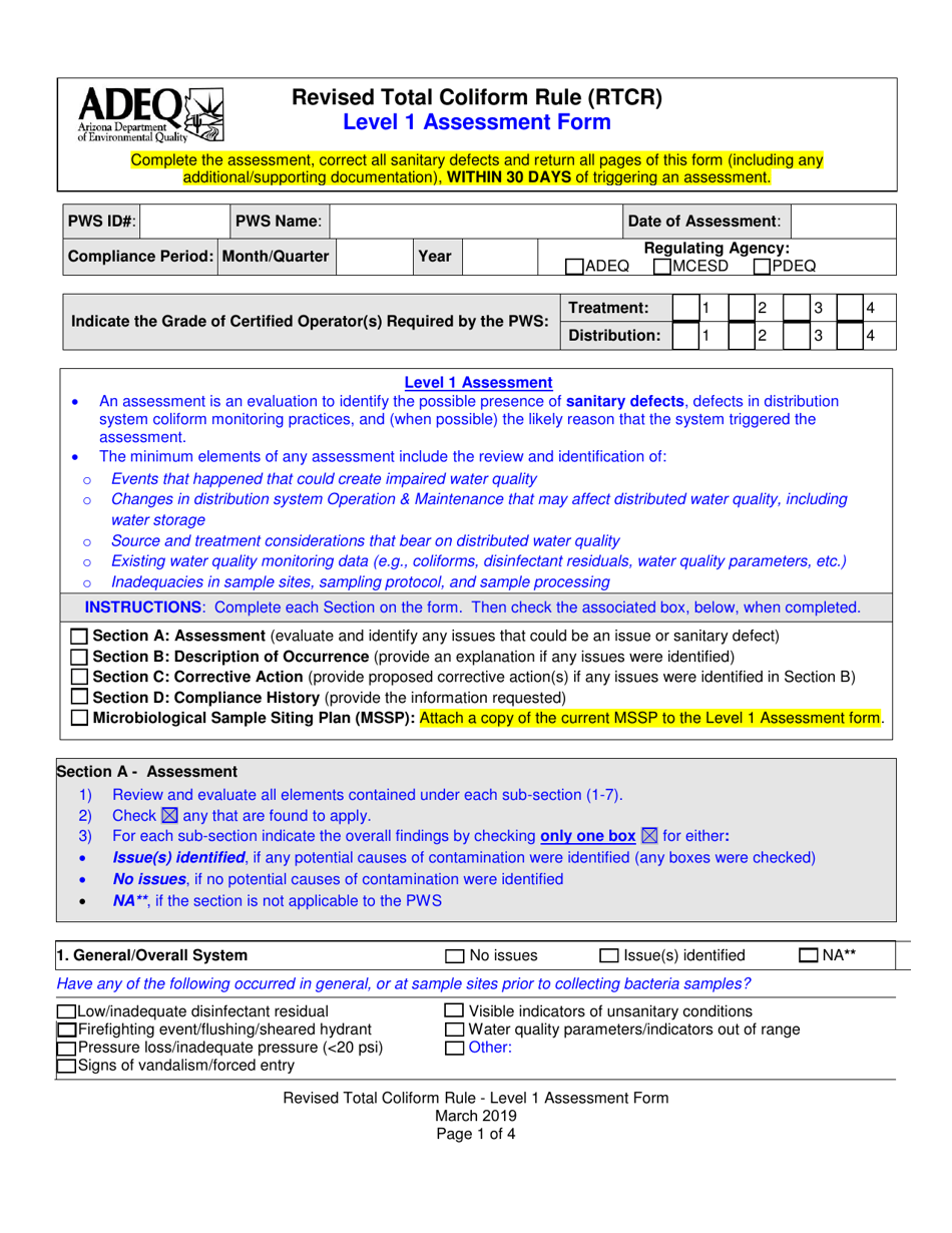 Revised Total Coliform Rule (Rtcr) Level 1 Assessment Form - Arizona, Page 1