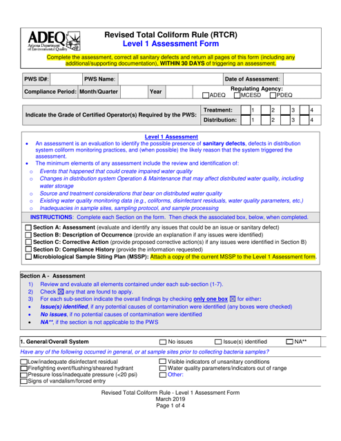 Revised Total Coliform Rule (Rtcr) Level 1 Assessment Form - Arizona Download Pdf