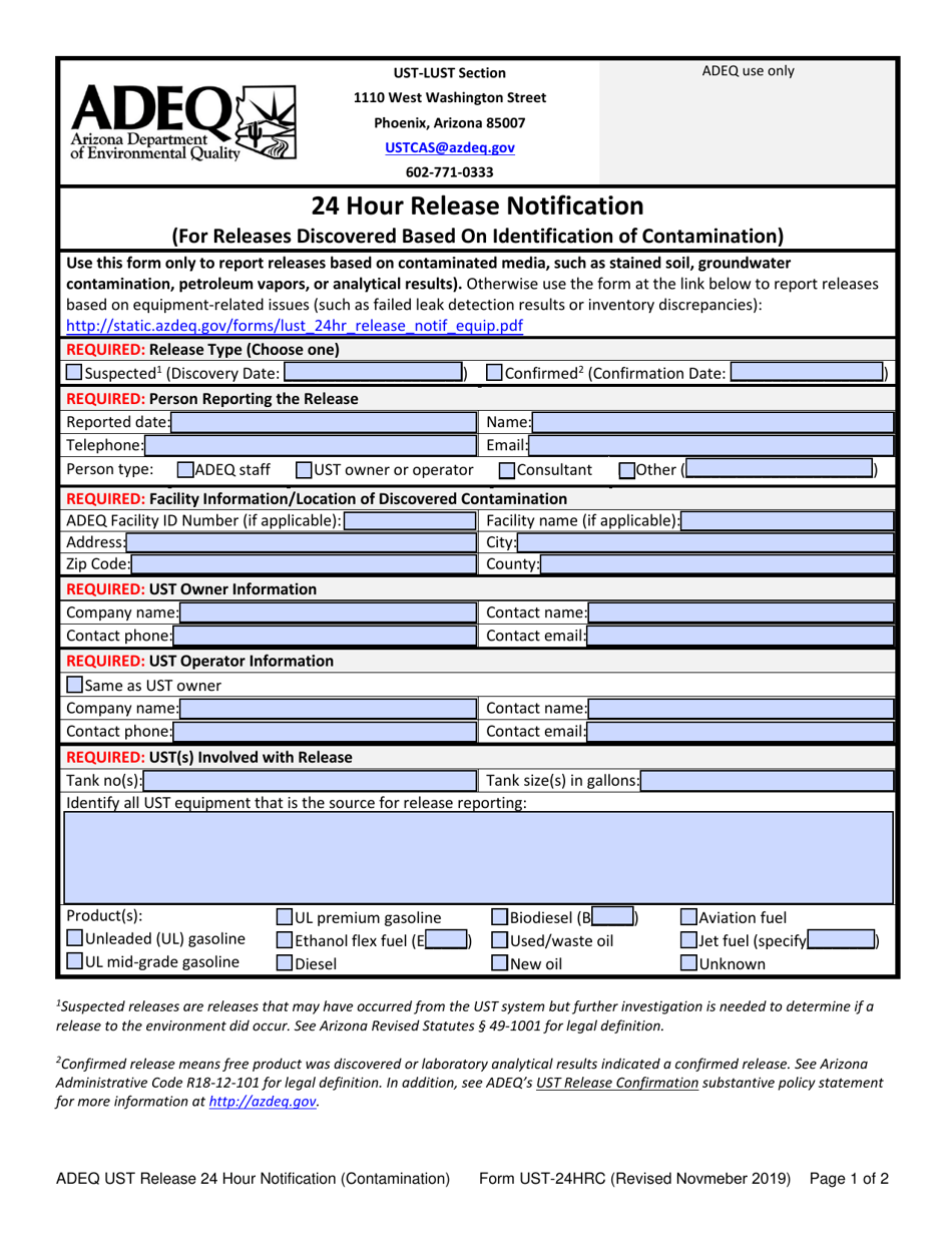 Form UST-24HRC 24 Hour Release Notification (For Releases Discovered Based on Identification of Contamination) - Arizona, Page 1