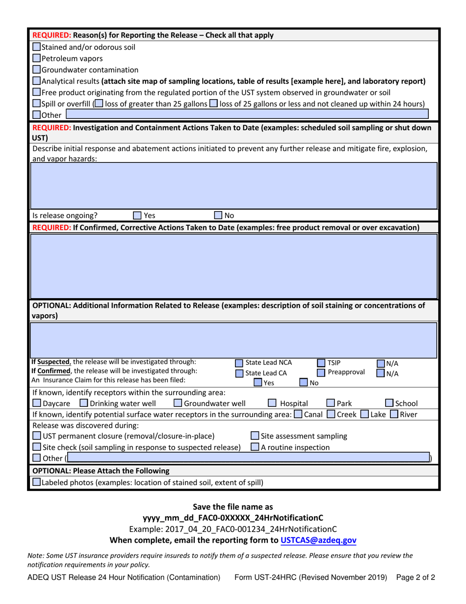 Form UST-24HRC 24 Hour Release Notification (For Releases Discovered Based on Identification of Contamination) - Arizona, Page 2