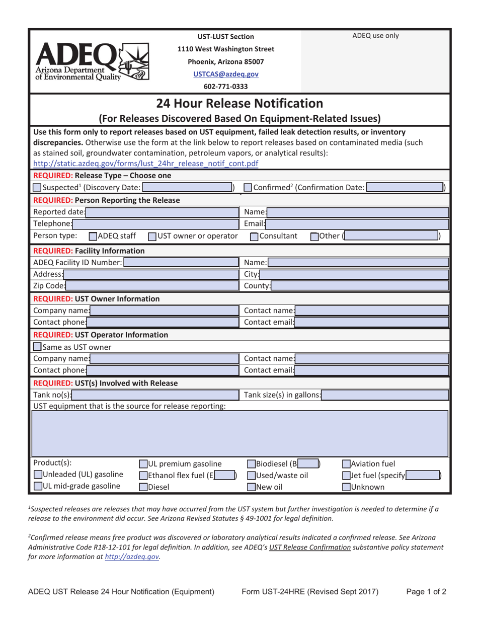 Form UST-24HRE 24 Hour Release Notification (For Releases Discovered Based on Equipment-Related Issues) - Arizona, Page 1